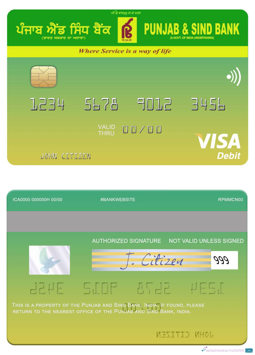 Download India Punjab and Sind Bank visa debit card Photoshop template